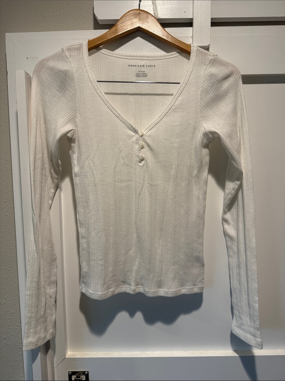 American Eagle White Ribbed Long Sleeve Henley Top S